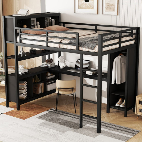 English Elm Full Size Car Shaped Kids Platform Bed with Storage Drawers Integrated Desk Pine Wood Black W1580S00592