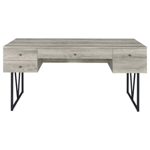 English Elm 1pc Rustic Industrial 63-inch 4-Drawer Writing Desk with Open Shelf, Wood Grain Top and Black Metal Legs Driftwood,Gray 74.21 L x 32.28 W x 6.5 H B011P362070