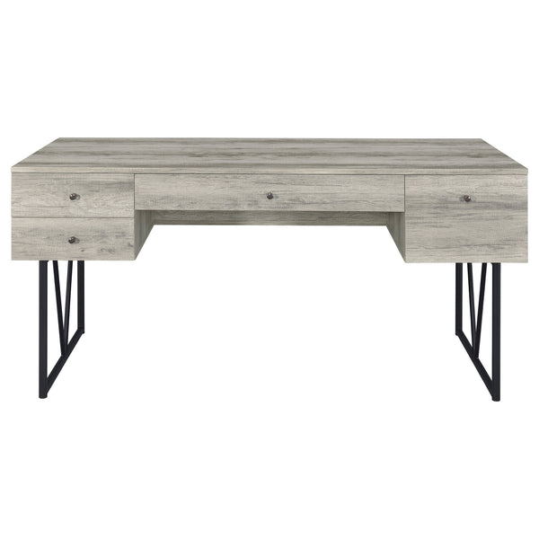 English Elm 1pc Rustic Industrial 63-inch 4-Drawer Writing Desk with Open Shelf, Wood Grain Top and Black Metal Legs Driftwood,Gray 74.21 L x 32.28 W x 6.5 H B011P362070