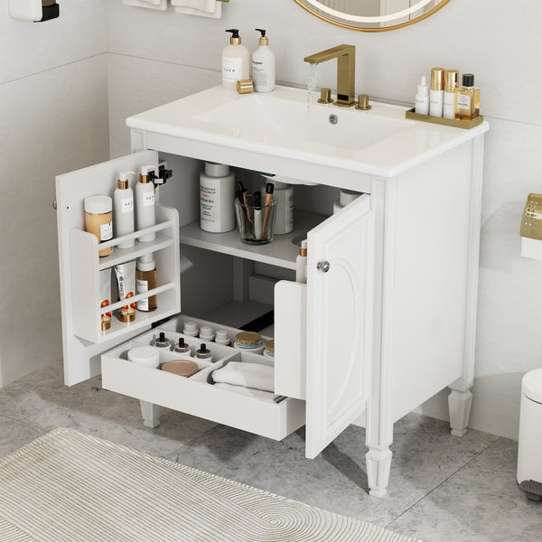 English Elm Christopher Knight Home® - 30" Bathroom Vanity with Sink Vintage Freestanding Ceramic Top Soft-Close Doors Gold Knobs, Storage White N759P226000K