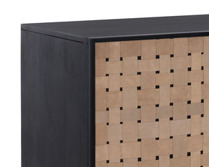 Sunpan Omari Sideboard - Stylish Suede Light Tan Leather with Unique Weaved Design and Matte Black Base Large - 80W x 22D x 30.5H