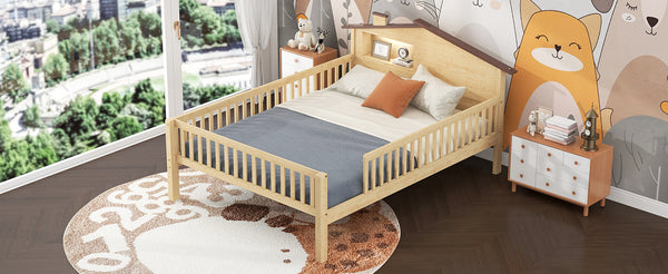 English Elm Full Full Size Wood Platform Bed with House Headboard, LED Lights & Built-In Storage, Natural Finish N709P184430M