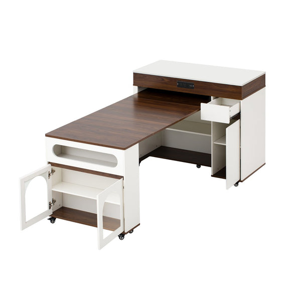 English Elm Trexm Rolling Kitchen Island Extendable Marble Top Cabinet Drawers Power Outlet Creamy White,Walnut XW000029AAD