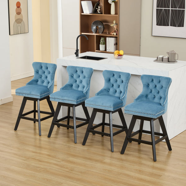 English Elm Swivel Velvet Barstools with Tufted Back Support, 360° Rotation, Foam & Spring Cushion, Sturdy Wooden Frame Light Blue W1143P369089