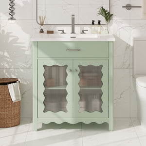 English Elm Christopher Knight Home® - 30 Inch Bathroom Vanity With Tempered Glass Doors, Soft-Close, Modern Green Cabinet & Ceramic Sink N817P299499G