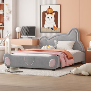 English Elm Full Velvet Bear-Shaped Platform Bed Full Size with Storage Pocket, Cute Cuddly Headboard, Gray Plush Finish SF000143AAE