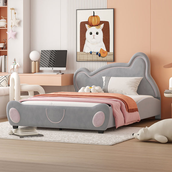 English Elm Full Velvet Bear-Shaped Platform Bed Full Size with Storage Pocket, Cute Cuddly Headboard, Gray Plush Finish SF000143AAE