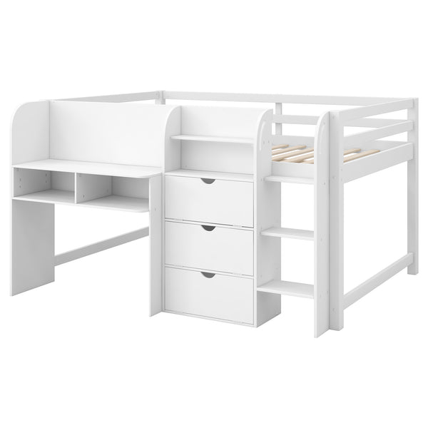 English Elm Full Size Low Loft Bed With Desk, Storage Solutions & Whiteboard For Creative Learning – White Finish N7090005005K