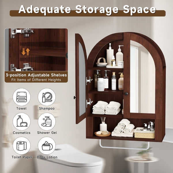 English Elm Wall Mounted Arched Cabinet Tempered Glass Doors Led Lighting Adjustable Shelves Bathroom Brown T3210P471559