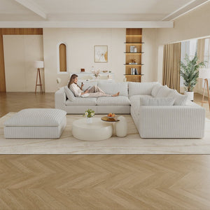 English Elm 118.2" Modular Cloud Sofa Corduroy Upholstered Deep Seat Lounge for Living Room White W2824S00161