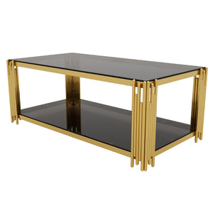 English Elm Modern Glam Rectangular Coffee Table with Mirrored Top Gold Sculptural Frame Open Shelf Black N735P380099B