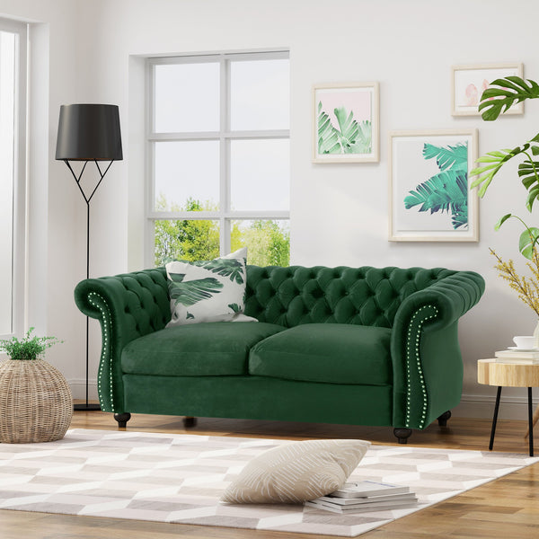 English Elm Christopher Knight Home® - LOVESEAT Plush Velvet Tufted Diamond Stitch with Nailhead Trim and Scrolled Arms for Luxe Comfort Emerald 63045.00NVLTEMD