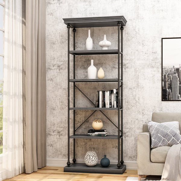 English Elm Christopher Knight Home® - Metal Pipe bookshelf with firwood shelves and X-frame iron support for industrial durable display decor Grey 63818.00GRYPEWT