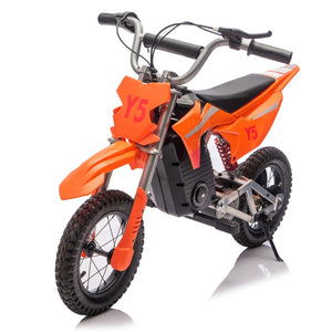English Elm 24v 250w Kids Off-road Electric Motorcycle with Led Lights Bluetooth and Rear Suspension Orange W1578P203982