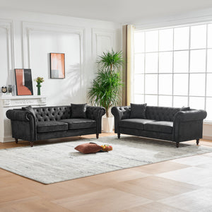 English Elm 3+3 Seater Sofa Set - Elegant Chesterfield Tech Fabric Couch With High-Density Foam For Comfort W3373S00007