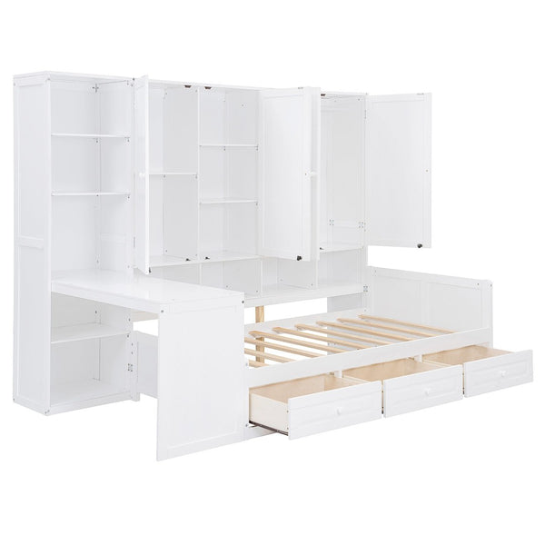 English Elm Twin Size Daybed With Storage Drawers, Desk & Shelves - Stylish Space-Saving Furniture In White N820S00054K-GIGA
