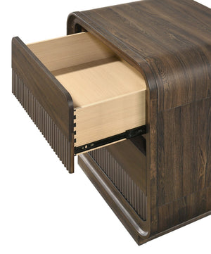 English Elm Mid-century Fluted Two Drawer Nightstand Warm Wood Grain Finish Sculptural Bedroom B2741P457652