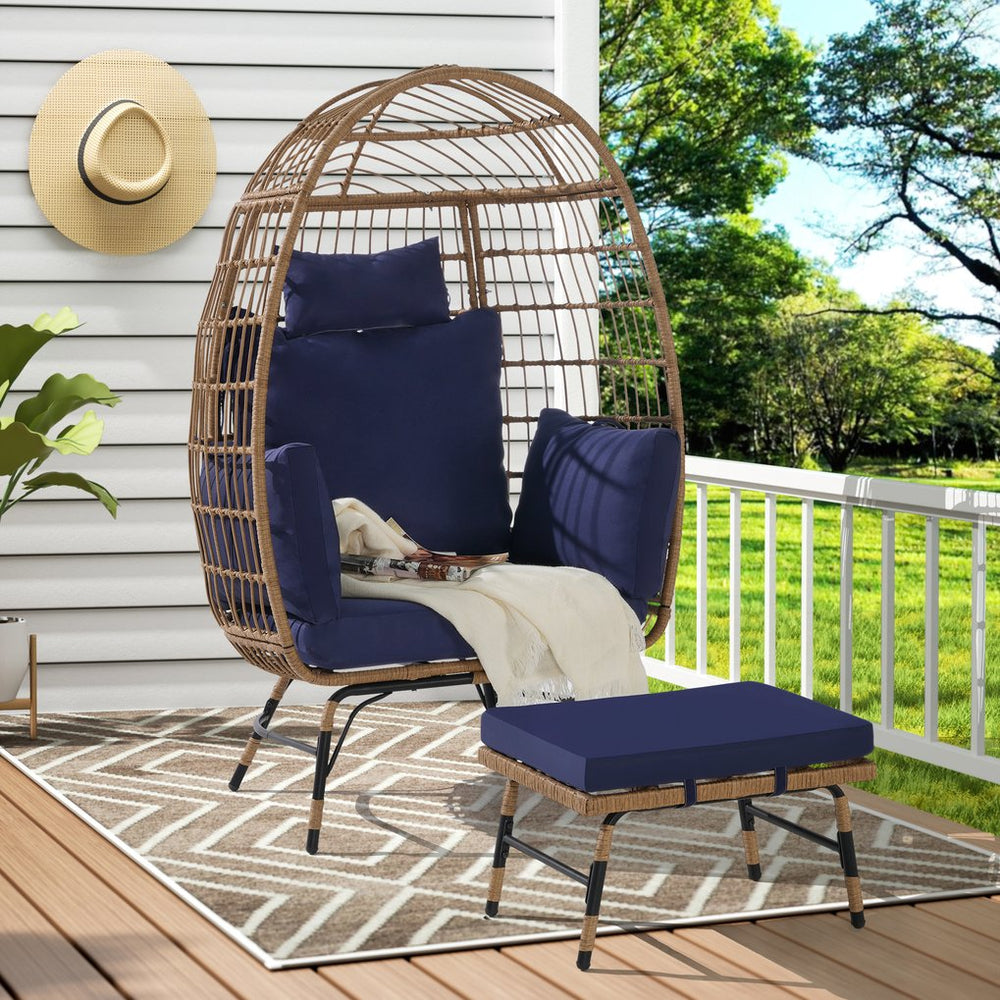 English Elm Wicker Oversized Egg Chair with Ottoman and 3.2" Thick Cushions, Handwoven PE Rattan, Weatherproof Comfort Dark Blue W874P264672