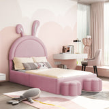 English Elm Twin Size Upholstered Rabbit-Shape Bed With 2 Storage Stools, Velvet Platform Bed With Cartoon Ears Shaped Headboard, Pink