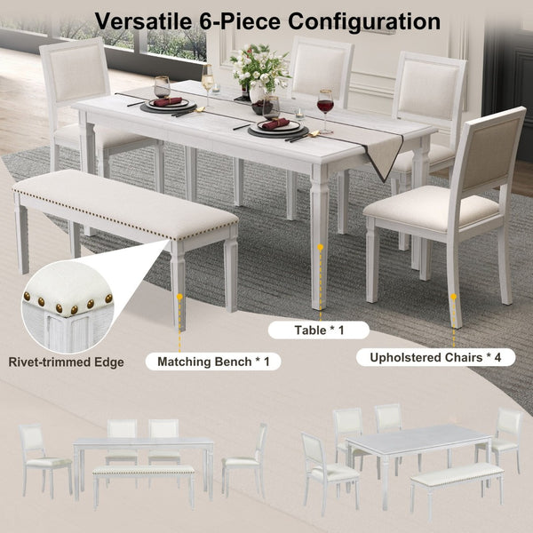 English Elm Trexm Rustic Farmhouse Extendable Dining Set Six Piece with Bench Distressed Wood Beige,White Washed ST000151AAE