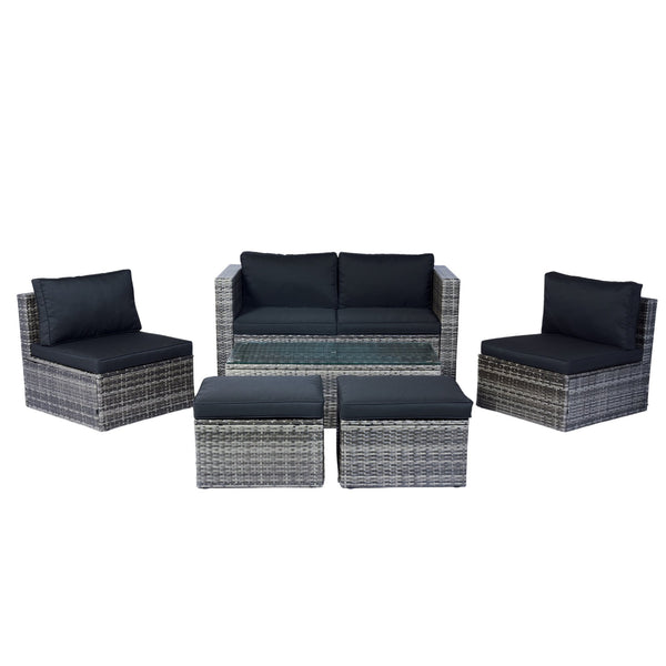 English Elm 6 Piece Patio Wicker Sectional Set with Space-Saving Nesting Design, Steel Frame, Tempered Glass Table and Weatherproof Cushions Grey+Black W329S00054