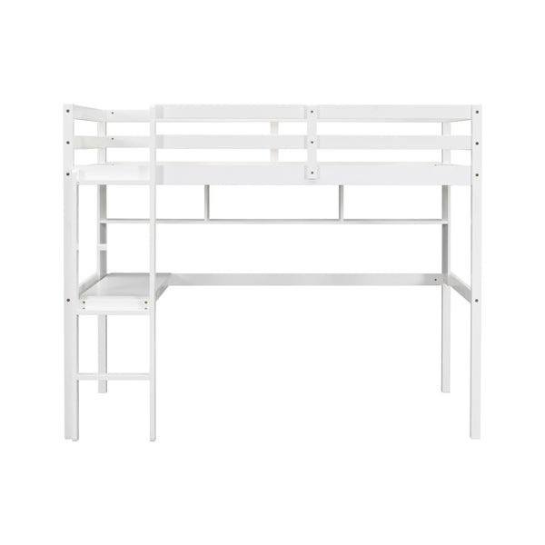 English Elm Twin Loft Bed with Built-In Desk and Bookcase, Pine Frame, Safety Guardrail, Ladder for Study Space White W504P181854