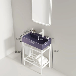 English Elm LOFI Ceramic Integrated Bathroom Vanity 24" with Rectangular Basin, Open Metal Shelf, Easy Clean White+Purple W2615S00052