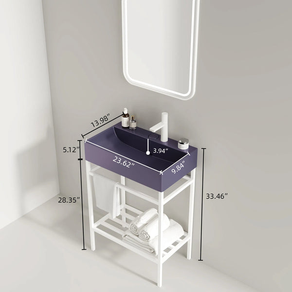 English Elm LOFI Ceramic Integrated Bathroom Vanity 24" with Rectangular Basin, Open Metal Shelf, Easy Clean White+Purple W2615S00052