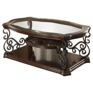 English Elm Bianca Merlot 2-Shelf Glass Top Coffee Table with Cherry Veneer Finish, Spacious Display & Warm Elegance B062P328727