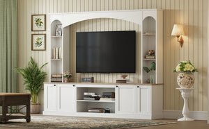 English Elm Arched Farmhouse Entertainment Center with Open Shelving for Living Room White N721S000063K