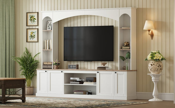 English Elm Arched Farmhouse Entertainment Center with Open Shelving for Living Room White N721S000063K