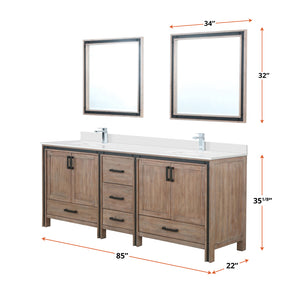 English Elm Rustic Barnwood Double Bath Vanity 84" W x 22" D with White Quartz Top, Chrome Faucets & 34" Mirrors B2731S01137