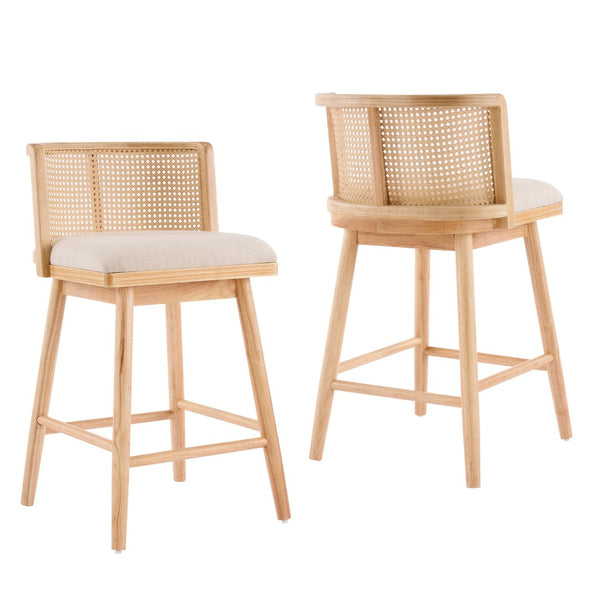 English Elm Talia Rubberwood Counter Stools with Rattan Back Cushioned Seat Scandinavian Set of 2 N775P369555N