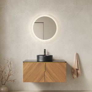 English Elm Dina Floating Bathroom Vanity Sintered Stone Top Glass Basin Striped Plywood Cabinet W2615S00550