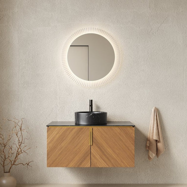 English Elm Dina Floating Bathroom Vanity Sintered Stone Top Glass Basin Striped Plywood Cabinet W2615S00550