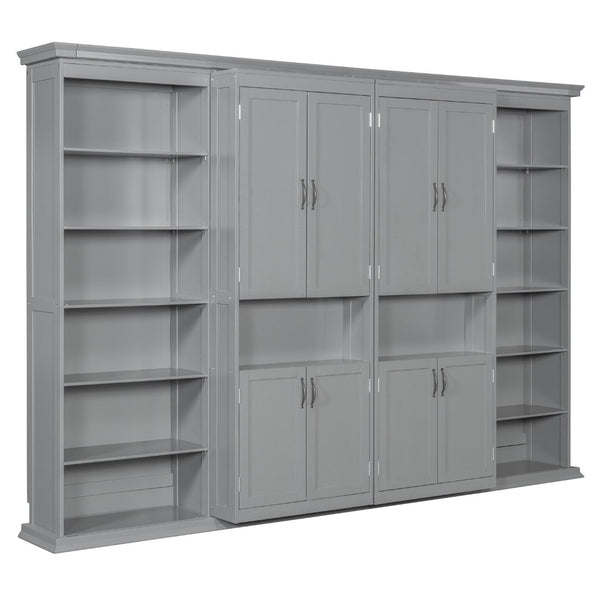 English Elm Full-size Murphy Wall Bed with Sliding Cabinets and Twelve Open Shelves for Studios Gray LP000919AAE