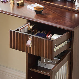 English Elm Elegant Walnut Makeup Vanity with Sliding 3-Color LED Mirror, Large Shelves, Fluted Drawer & Cabinet N844P257533W