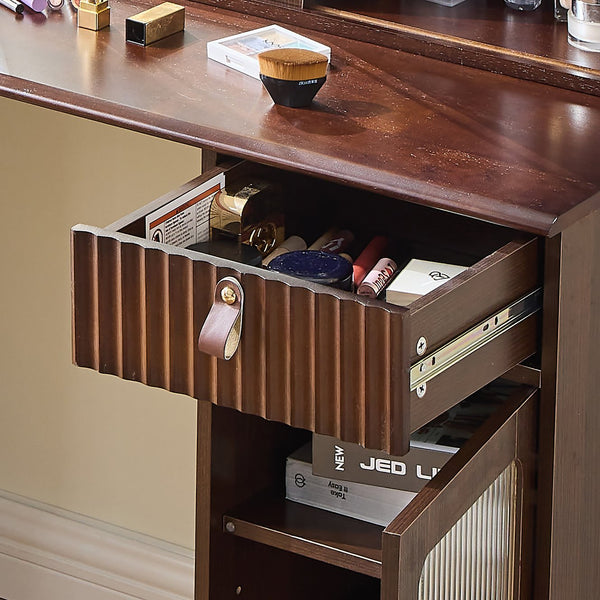English Elm Elegant Walnut Makeup Vanity with Sliding 3-Color LED Mirror, Large Shelves, Fluted Drawer & Cabinet N844P257533W