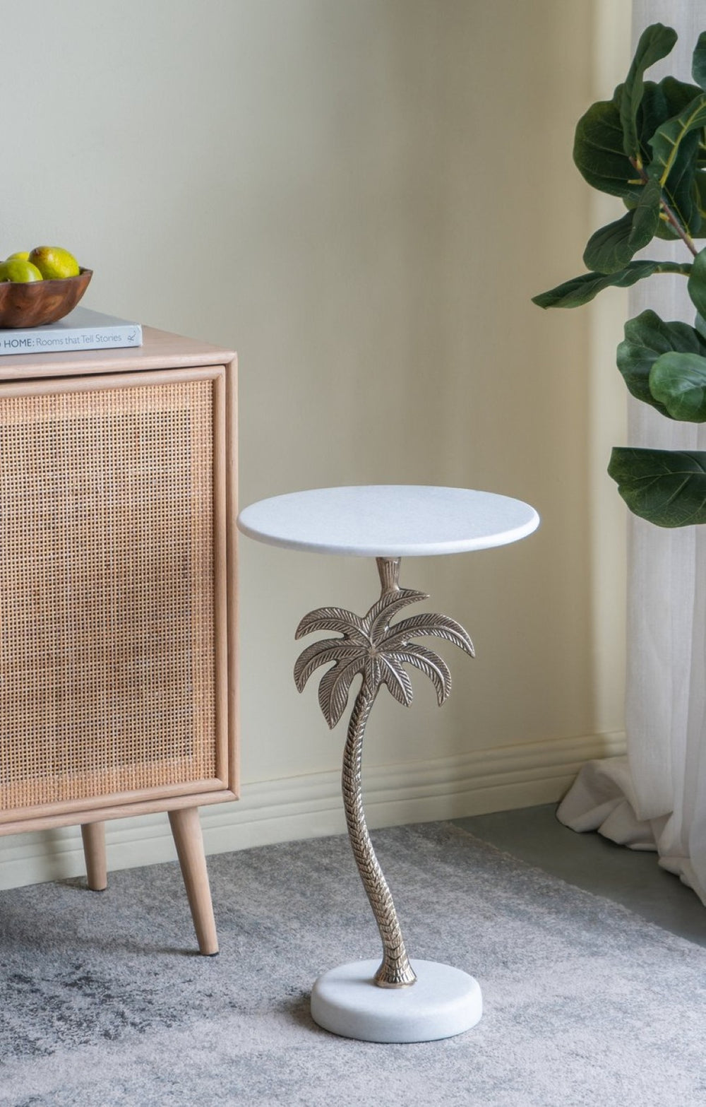 English Elm 14x14x24" Round Marble Top Side Table Sculptural Gold Palm Pedestal Accent Piece W2078P461588