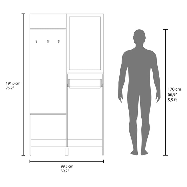 English Elm Natural Oak Hall Tree with Mirror, Drawer & Four Shelves — Tall 75" Storage Organizer for Entryway Elegance and Functionality B062P290249