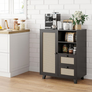 English Elm Rattan Cane Front Sideboard with Drawers Adjustable Shelf Bohemian Storage Cabinet Black T3623P434723