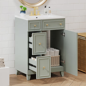 English Elm 24-Inch Bathroom Vanity Cabinet with Ceramic Sink, Space-Saving Storage, Solid Wood Feet, Durable Finish Green WF532034AAF