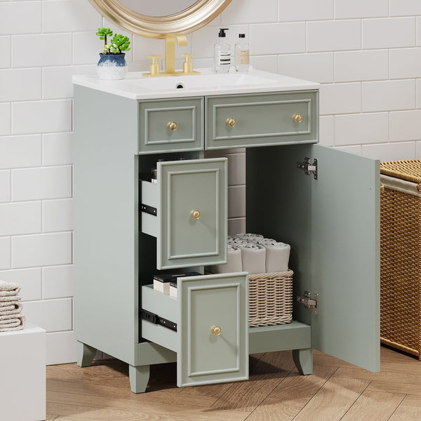 English Elm 24-Inch Bathroom Vanity Cabinet with Ceramic Sink, Space-Saving Storage, Solid Wood Feet, Durable Finish Green WF532034AAF