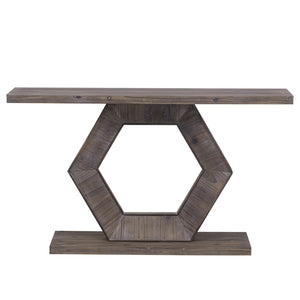 English Elm U_Style Modern Console Table With Hollow Hexagon Legs & Fir Veneer Finish For Entryway Elegance N711P241272A-GIGA