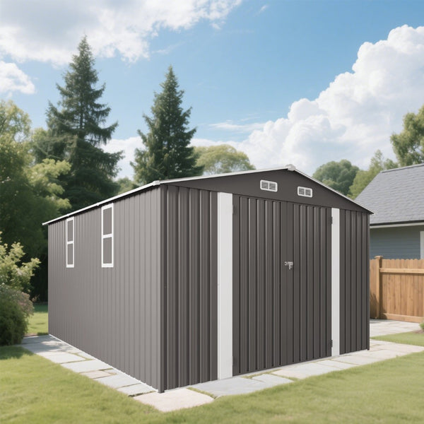 English Elm 10x12ft Galvanized Steel Outdoor Storage Shed with Vented Windows and Lockable Doors W3213S00008