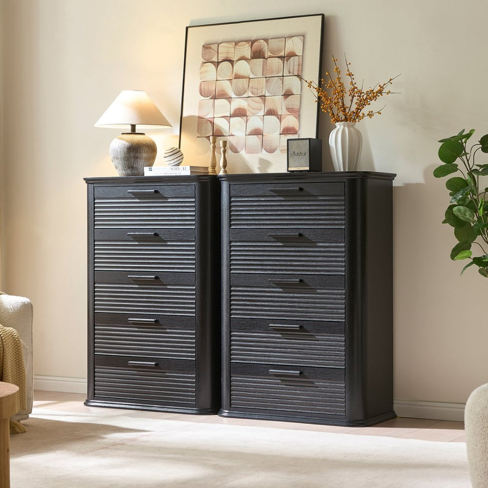 English Elm 6 Drawer Tall Fluted Chest with Waveform Fronts Slim Wooden Storage for Modern Bedroom Black Woodgrain T5326P425091