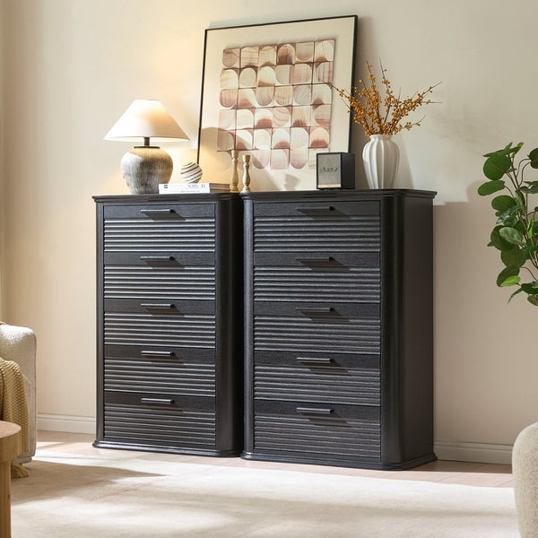 English Elm 6 Drawer Tall Fluted Chest with Waveform Fronts Slim Wooden Storage for Modern Bedroom Black Woodgrain T5326P425091