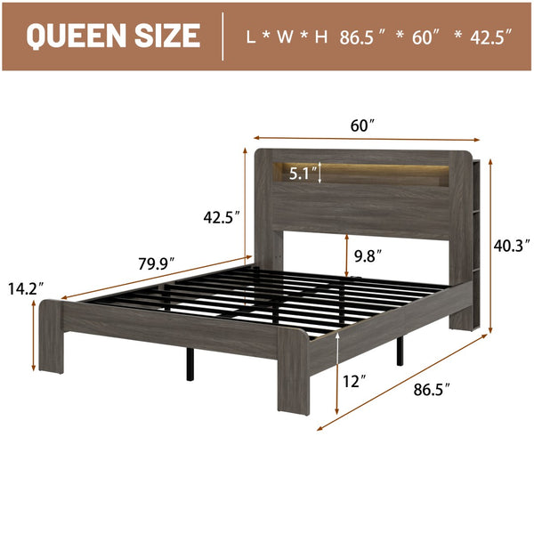 English Elm Bed Queen Platform Frame with Led Headboard Usb Charging Wood Slats Dark Grey W636P400540