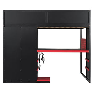 English Elm Full Size Loft Bed with Rgb Lighting Usb Charging Desk Wardrobe and Storage Shelves Red LT000387AAJ
