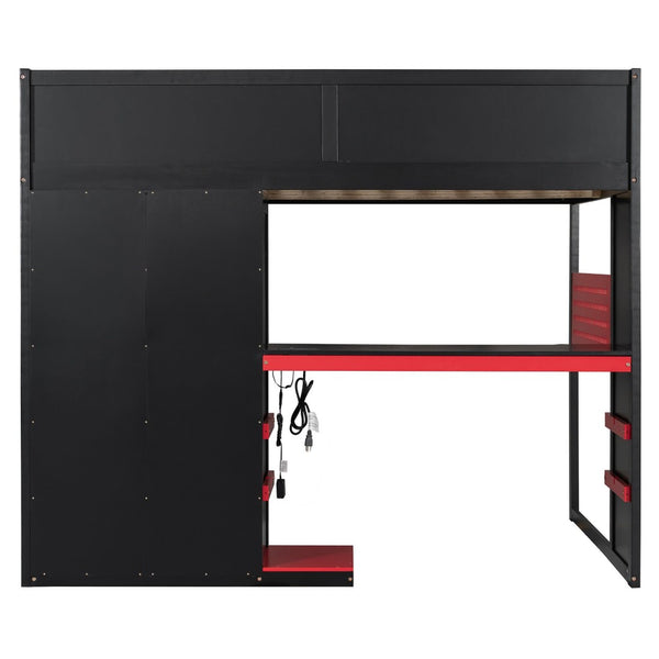 English Elm Full Size Loft Bed with Rgb Lighting Usb Charging Desk Wardrobe and Storage Shelves Red LT000387AAJ